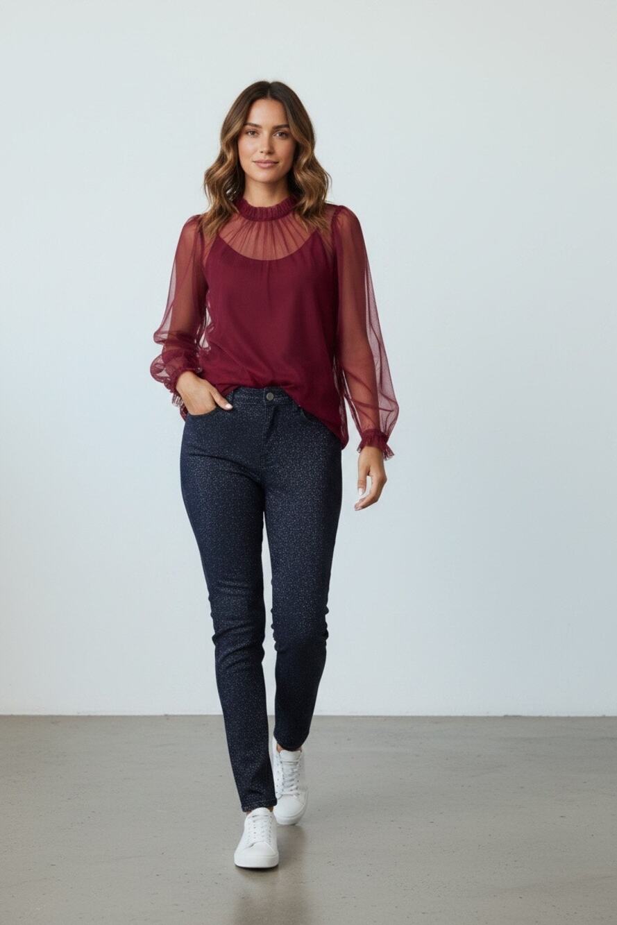 J. Crew Women's Tulle Ruffle-Neck Top Long Sleeve Sheer Maroon Size Medium NWT